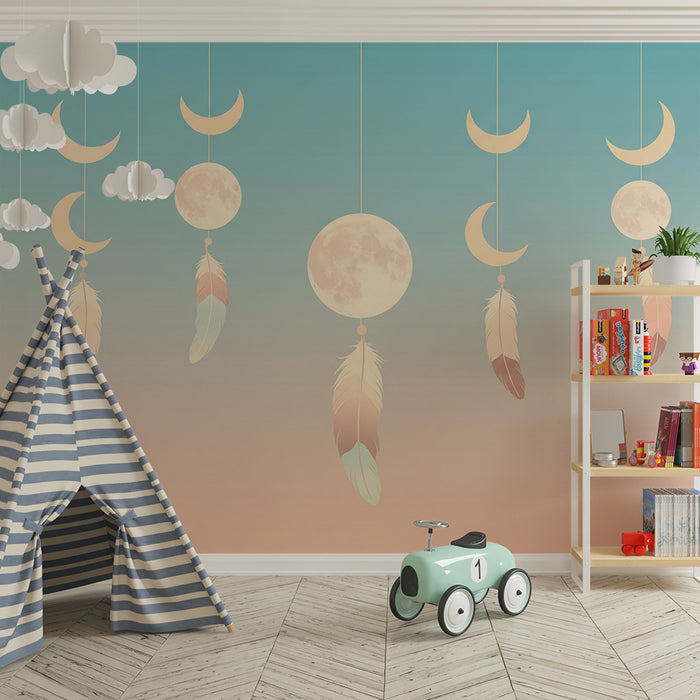 Papel de parede quarto bebê | Lua e penas suspensas em um céu pastel