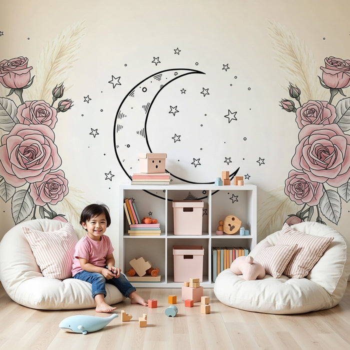 Papier peint chambre bébé | Lune et roses délicates