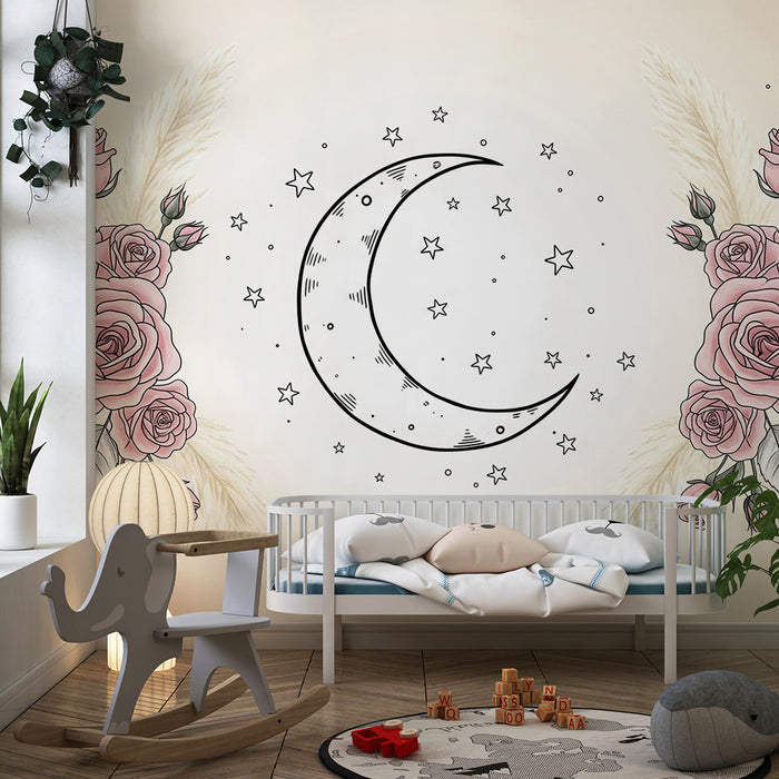 Papier peint chambre bébé | Lune et roses délicates