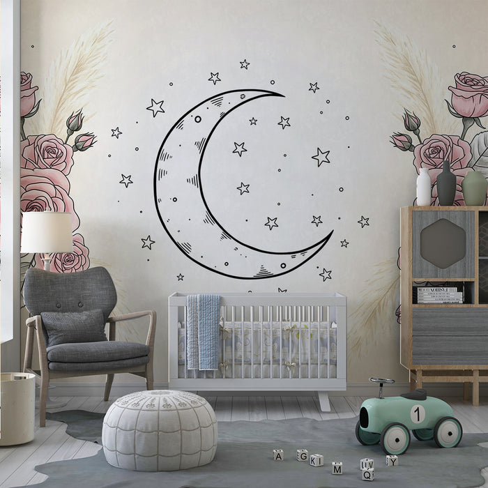 Papier peint chambre bébé | Lune et roses délicates