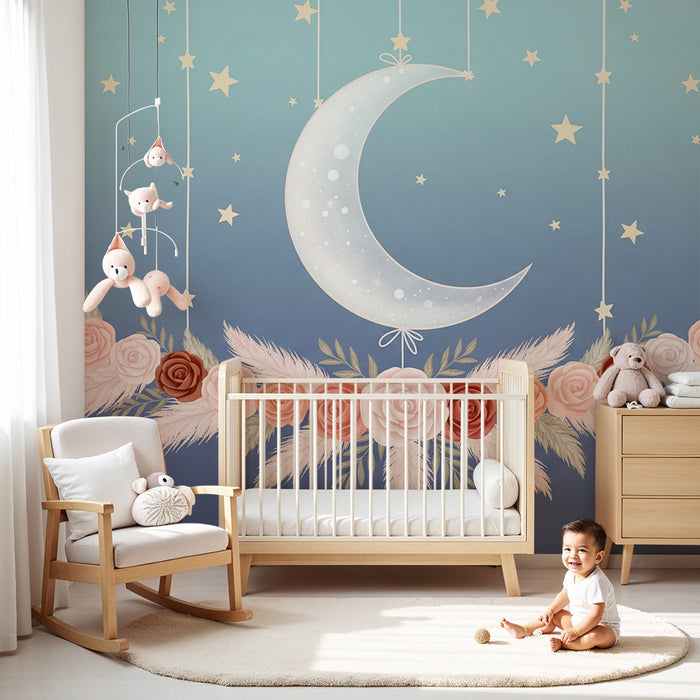 Papier peint chambre bébé | Lune et roses suspendues