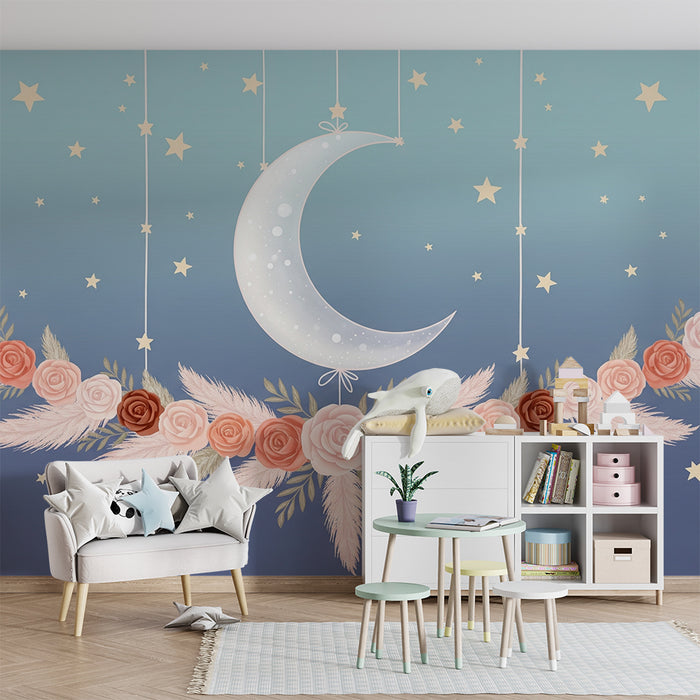 Papier peint chambre bébé | Lune et roses suspendues