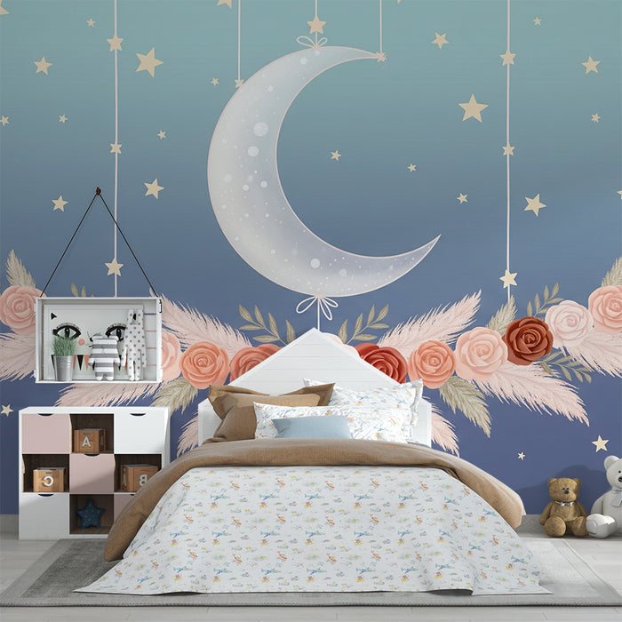 Papier peint chambre bébé | Lune et roses suspendues