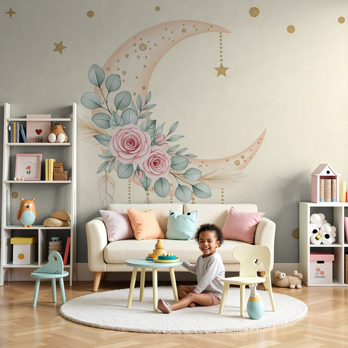 Papier peint chambre bébé | Lune étoilée et fleurs délicates