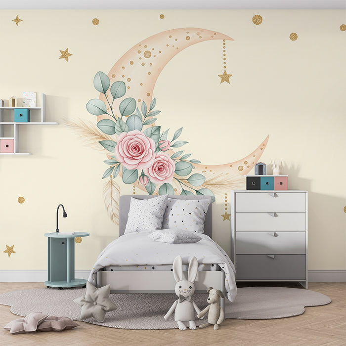 Papier peint chambre bébé | Lune étoilée et fleurs délicates
