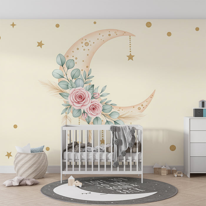 Papier peint chambre bébé | Lune étoilée et fleurs délicates