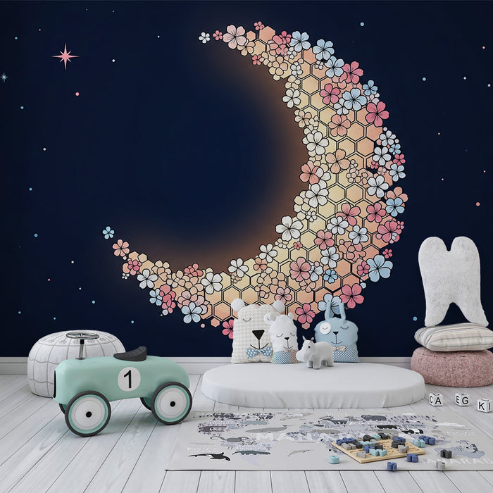 Papier peint chambre bébé | Lune florale et étoiles scintillantes