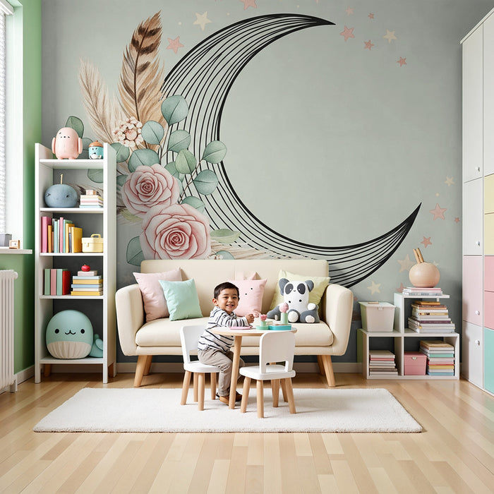 Papier peint chambre bébé | Lune florale et étoiles scintillantes