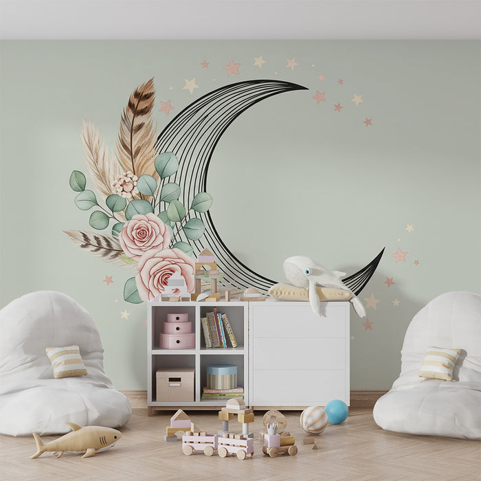 Papier peint chambre bébé | Lune florale et étoiles scintillantes
