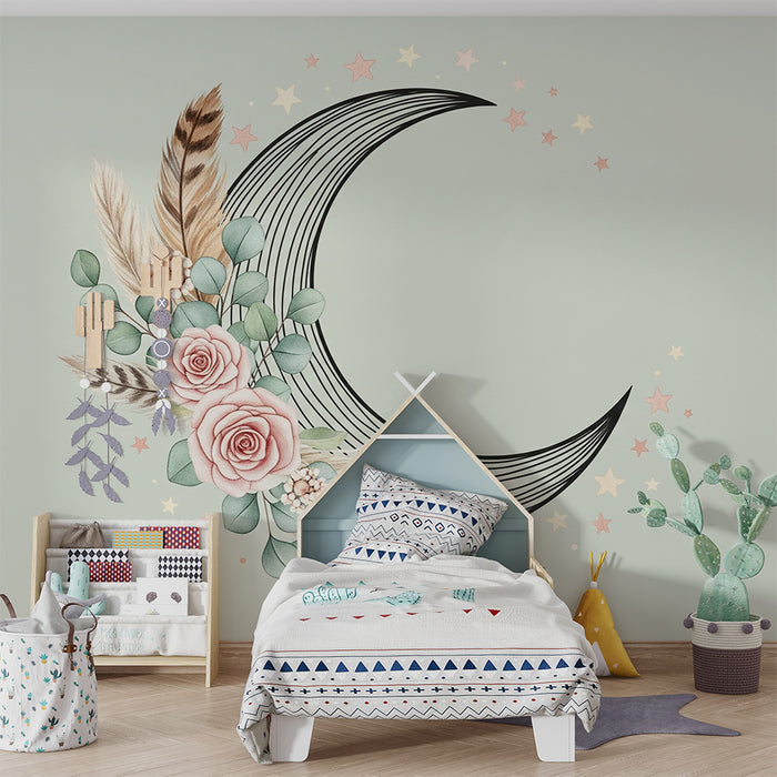 Papier peint chambre bébé | Lune florale et étoiles scintillantes