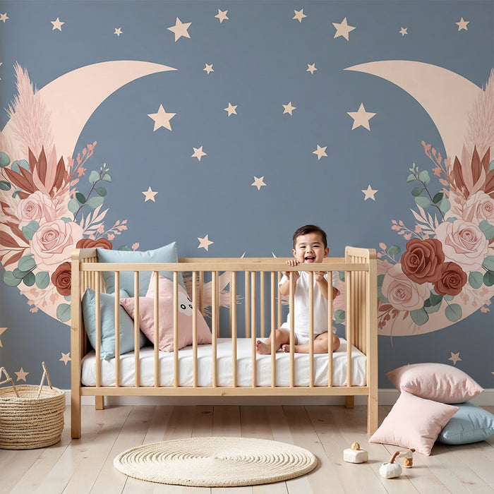 Papier peint chambre bébé | Lune florale et étoiles sur fond bleu