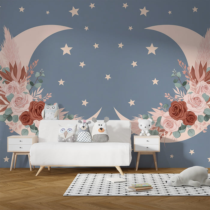 Papier peint chambre bébé | Lune florale et étoiles sur fond bleu