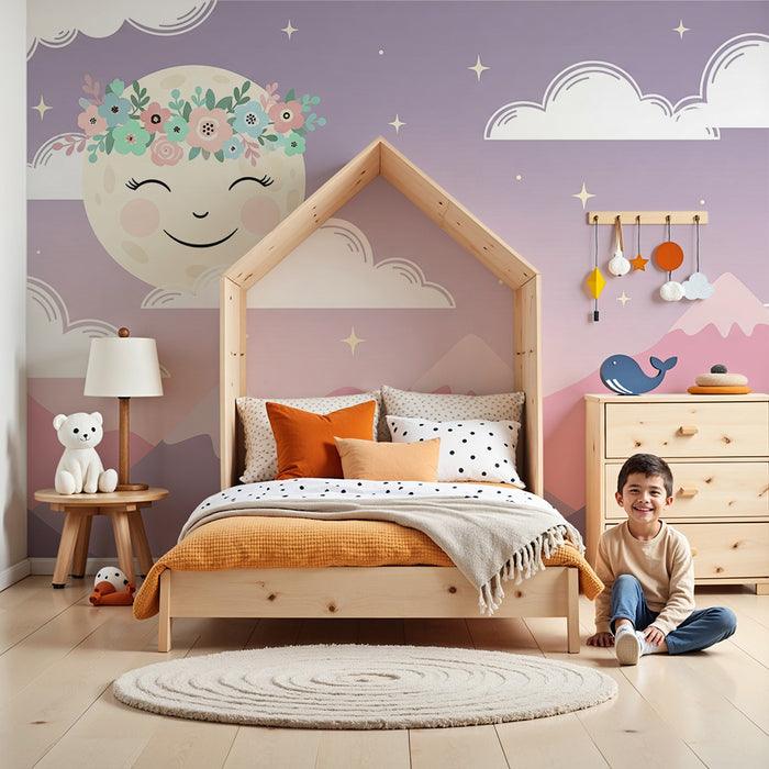 Barntapet | Leende måne och pastellfärgade berg