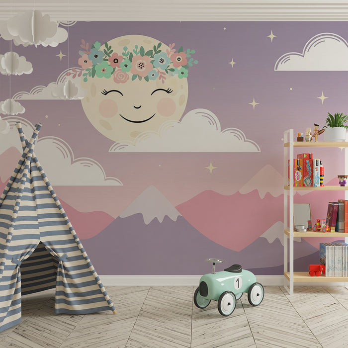 Barntapet | Leende måne och pastellfärgade berg