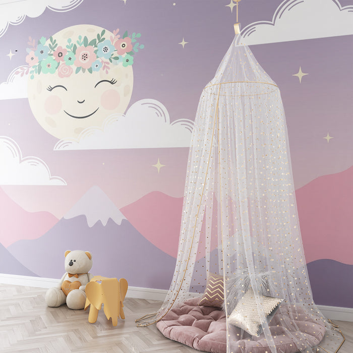 Barntapet | Leende måne och pastellfärgade berg