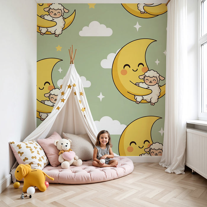 Тапети за детска стая | Усмихната луна и овце в звездно небе