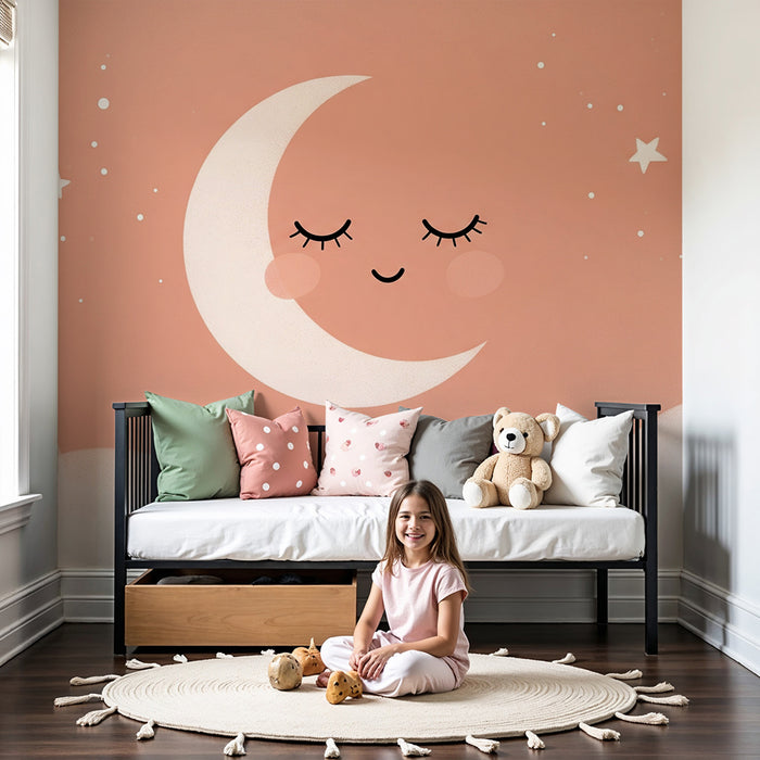 Babyzimmer Tapete | Lächelnder Mond und weiche Wolken