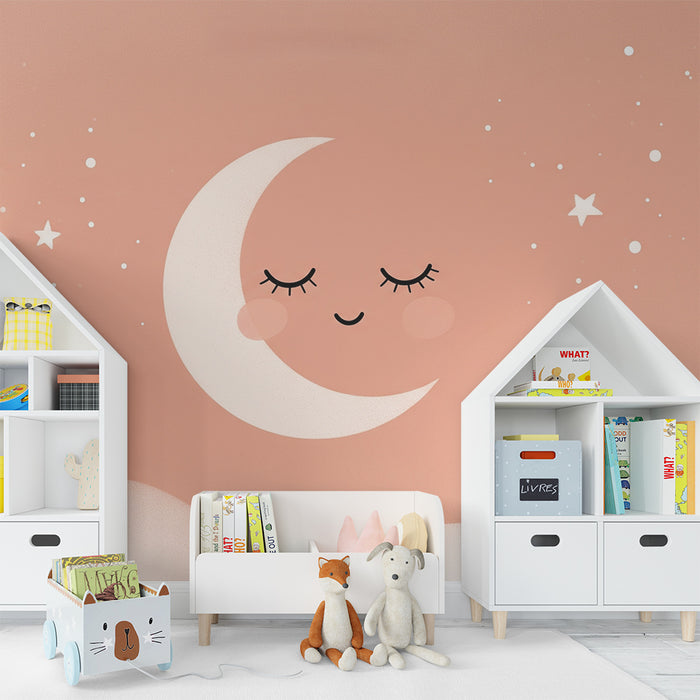 Babyzimmer Tapete | Lächelnder Mond und weiche Wolken