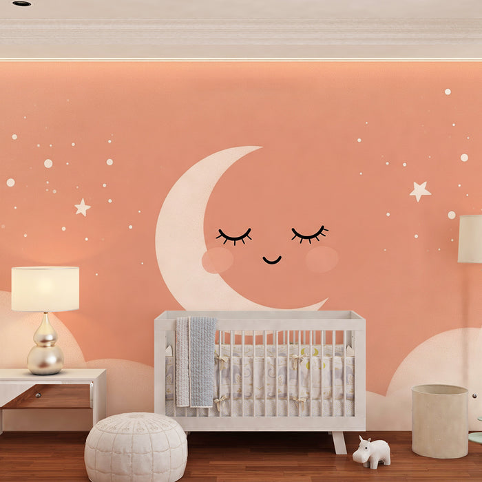 Babyzimmer Tapete | Lächelnder Mond und weiche Wolken