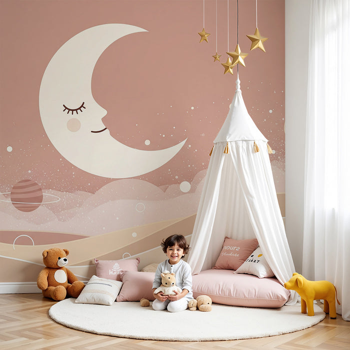 Papel de parede para quarto de bebé | Lua sorridente e planetas num céu estrelado