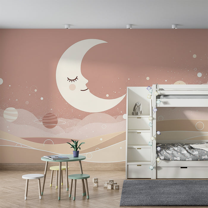 Papel de parede para quarto de bebé | Lua sorridente e planetas num céu estrelado
