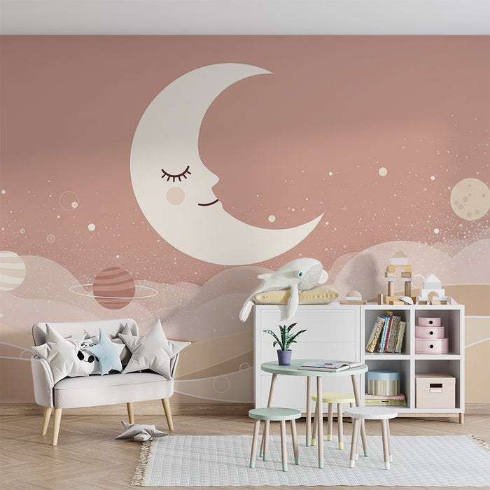 Papel de parede para quarto de bebé | Lua sorridente e planetas num céu estrelado