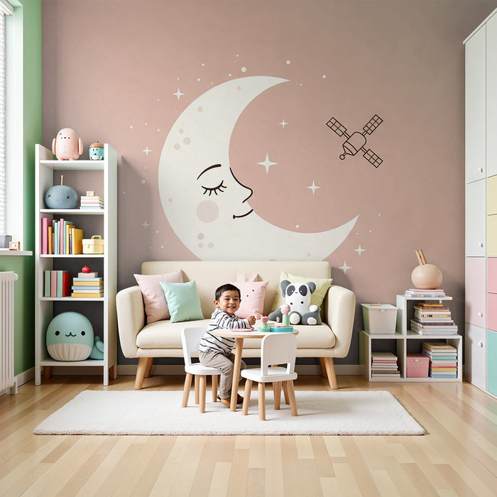 Papel de parede para quarto de bebé | Lua sorridente e satélite num céu estrelado
