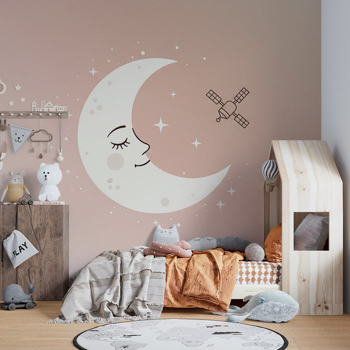 Papel de parede para quarto de bebé | Lua sorridente e satélite num céu estrelado