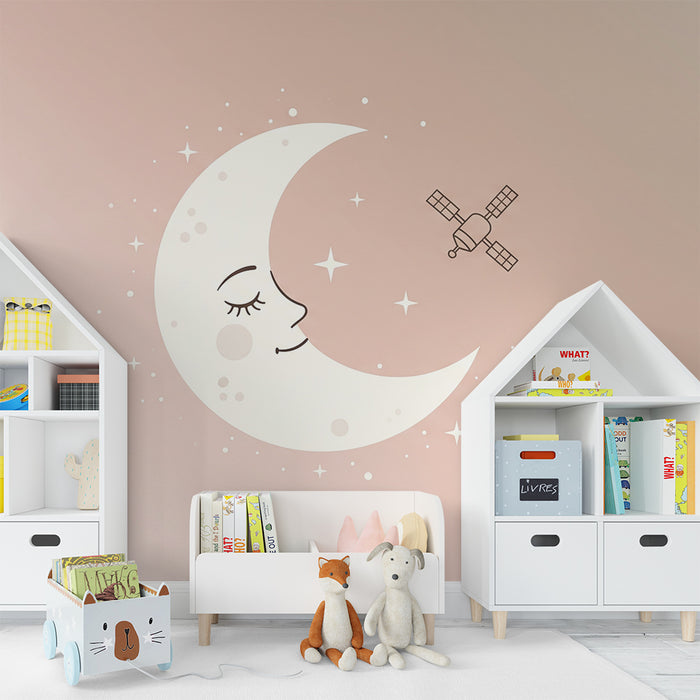 Papel de parede para quarto de bebé | Lua sorridente e satélite num céu estrelado