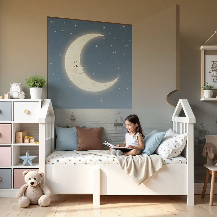 Papier peint chambre bébé | Lune souriante et voiliers sur une mer paisible