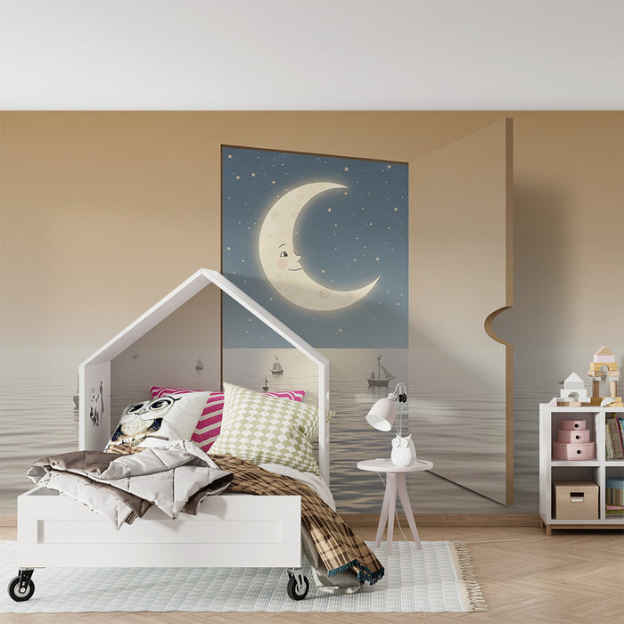 Papier peint chambre bébé | Lune souriante et voiliers sur une mer paisible
