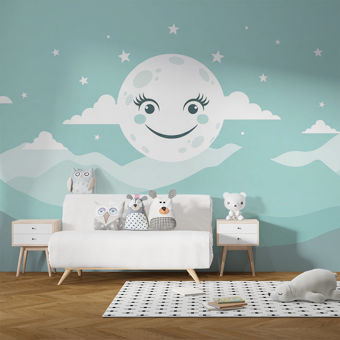 Barntapet | Smilande måne, berg och grön bakgrund