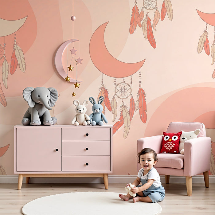 Nursery room wallpaper | Moons and dreamcatchers in soft shades of pink