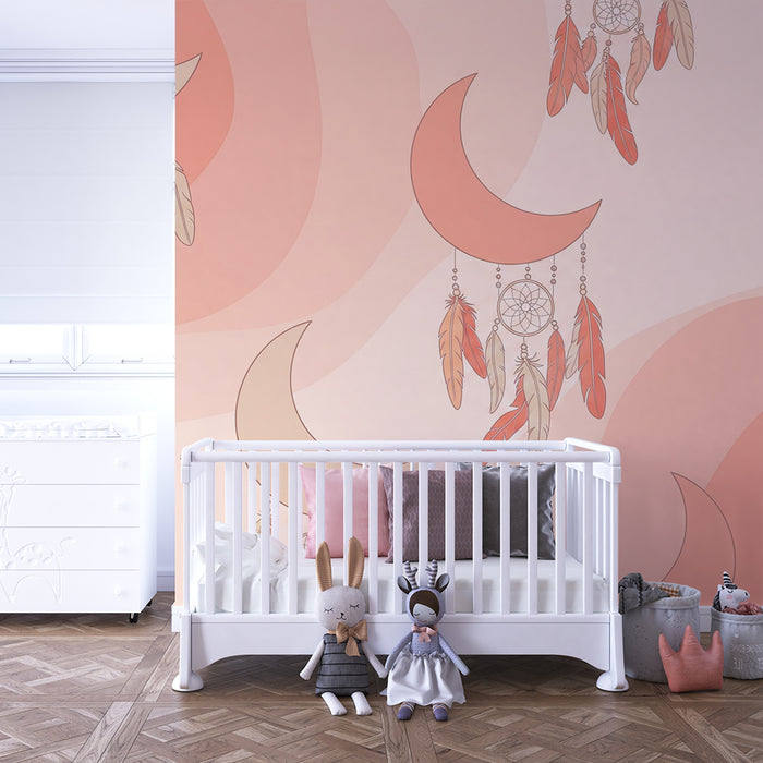 Nursery room wallpaper | Moons and dreamcatchers in soft shades of pink