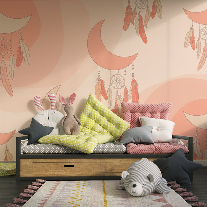 Nursery room wallpaper | Moons and dreamcatchers in soft shades of pink