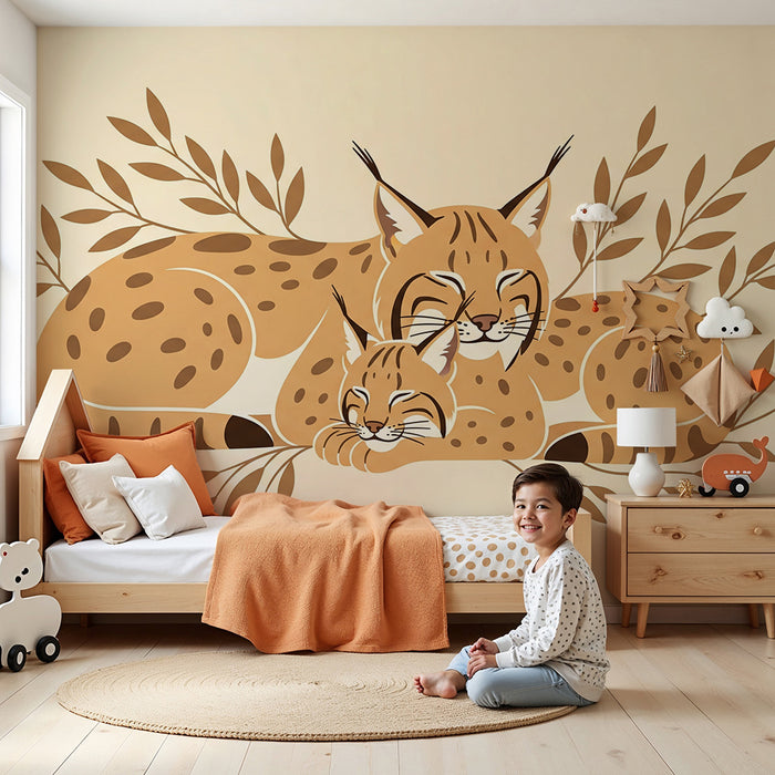 Behang babykamer | Knuffelende lynxen omringd door zacht blad