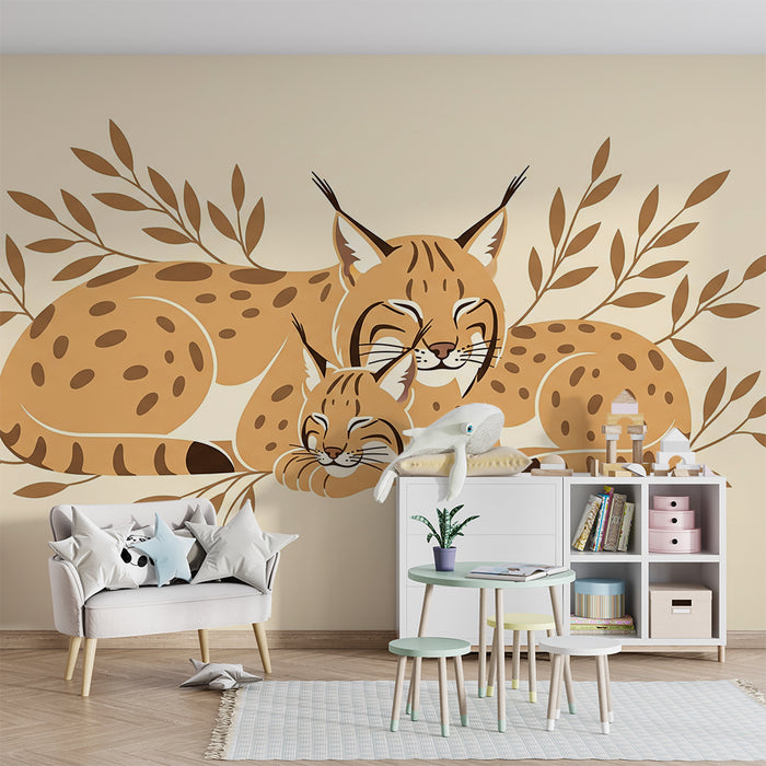 Behang babykamer | Knuffelende lynxen omringd door zacht blad
