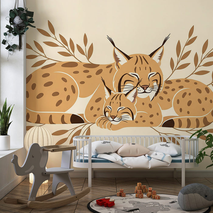 Behang babykamer | Knuffelende lynxen omringd door zacht blad
