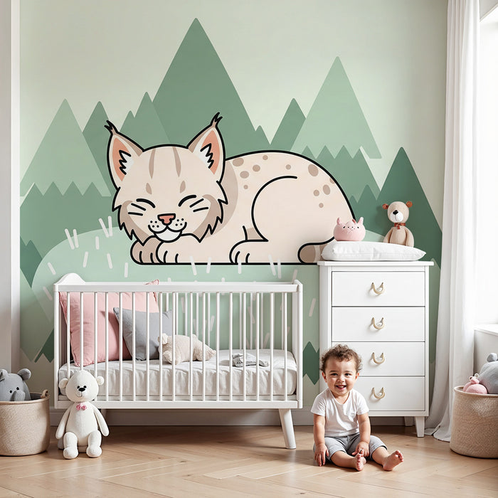 Babyzimmer Tapete | Schlafender Luchs in einer sanften Berglandschaft