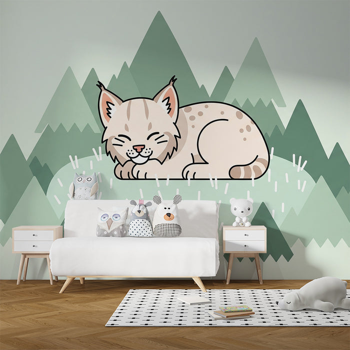 Babyzimmer Tapete | Schlafender Luchs in einer sanften Berglandschaft