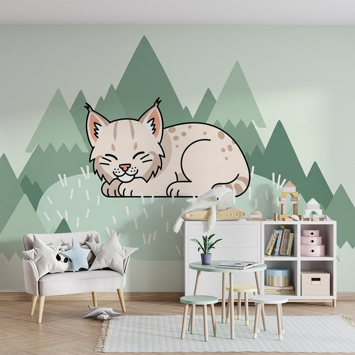 Babyzimmer Tapete | Schlafender Luchs in einer sanften Berglandschaft