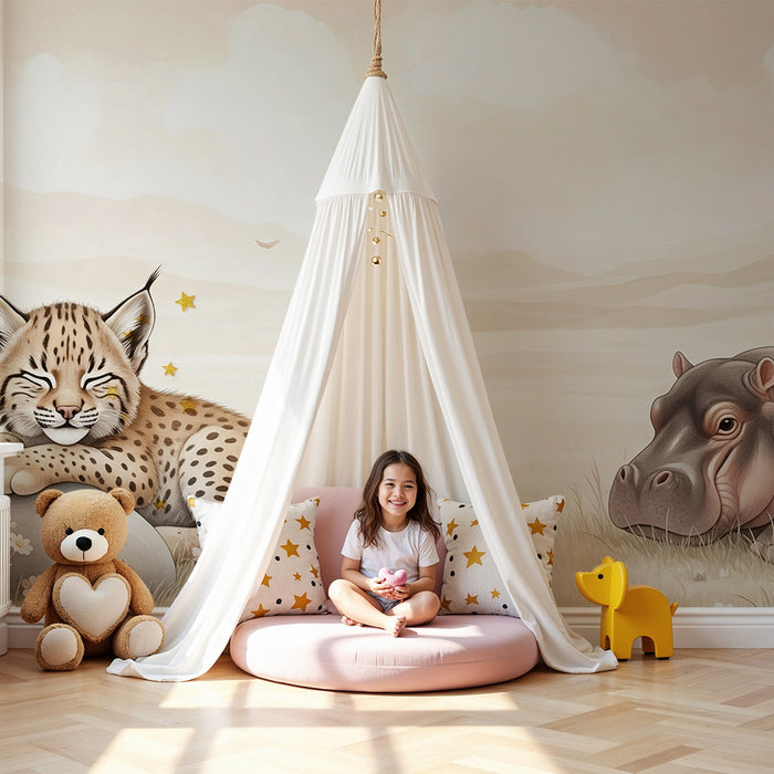 Papier peint chambre bébé | Lynx endormi et hippopotame paisible dans un paysage doux