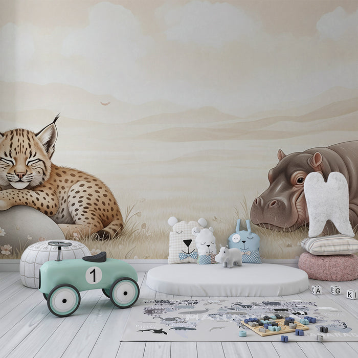 Papier peint chambre bébé | Lynx endormi et hippopotame paisible dans un paysage doux