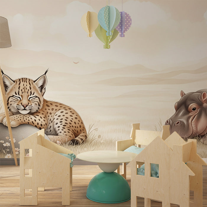 Papier peint chambre bébé | Lynx endormi et hippopotame paisible dans un paysage doux