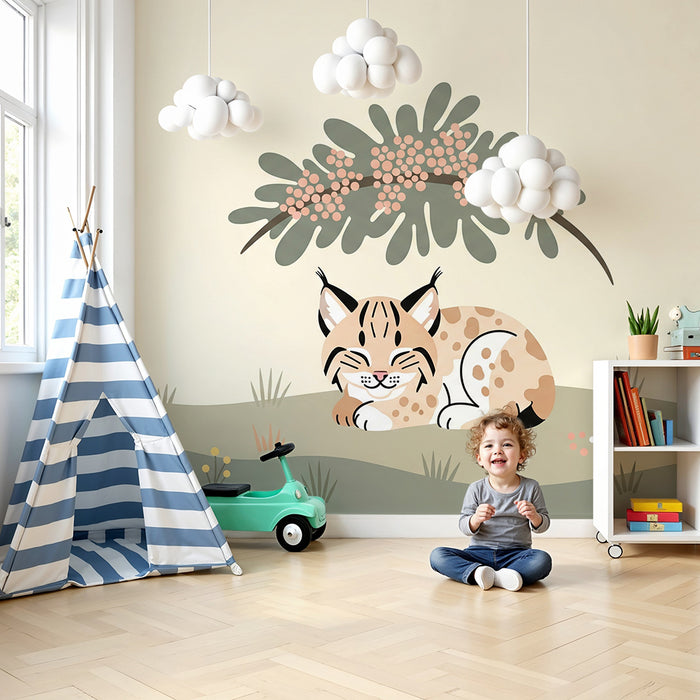 Baby's Room Wallpaper | Sleeping Lynx in Soft Foliage
