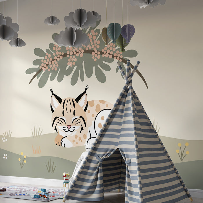 Baby's Room Wallpaper | Sleeping Lynx in Soft Foliage
