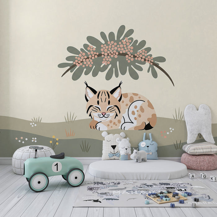 Baby's Room Wallpaper | Sleeping Lynx in Soft Foliage