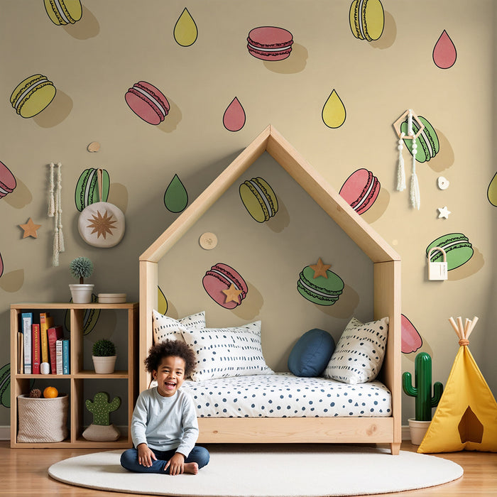 Papel de parede para quarto de bebé | Macarons coloridos e gotas sobre fundo suave