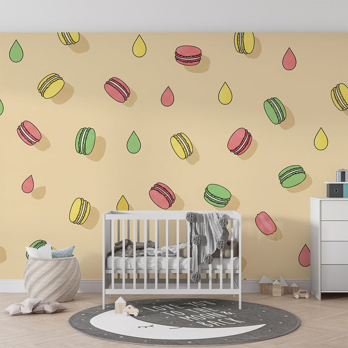 Papel de parede para quarto de bebé | Macarons coloridos e gotas sobre fundo suave
