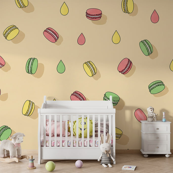 Papel de parede para quarto de bebé | Macarons coloridos e gotas sobre fundo suave